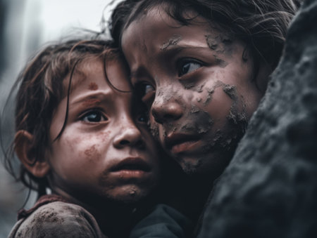 Two children are hugging each other with mud on their faces. AI generative image.の素材