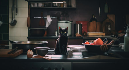 A black cat sitting on top of a kitchen counter. AI generative image.の素材