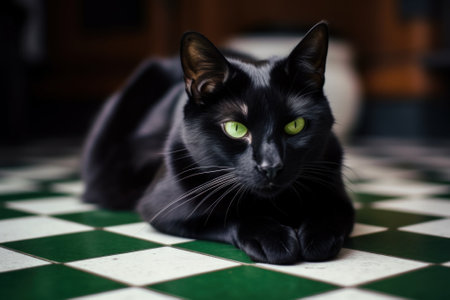 A black cat with green eyes laying on a checkered floor. AI generative image.の素材