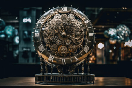 A close up of a clock on a table. AI generative image.の素材