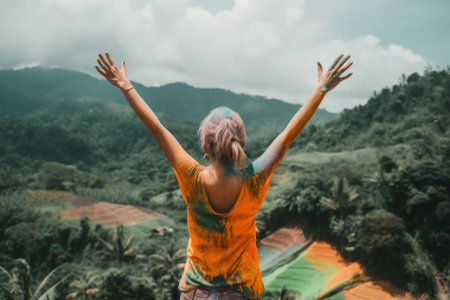 A woman with her hands up in the air. AI generative image.の素材