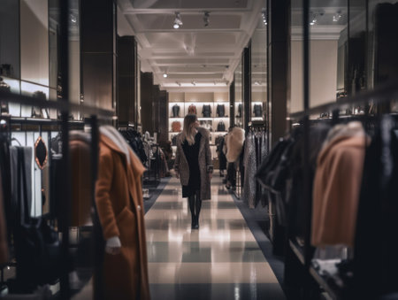 A woman is walking through a clothing store. AI generative image.の素材