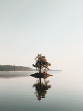 A lone tree sitting in the middle of a lake. AI generative image.の素材