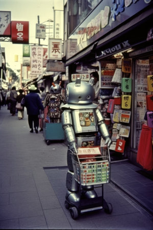 A toy robot with a shopping cart on a city street. AI generative image.の素材