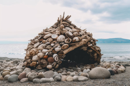 A house made out of rocks on the beach. AI generative image.の素材