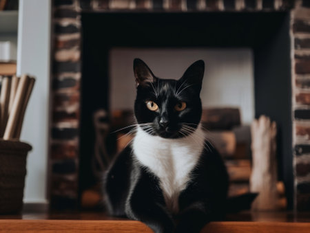 A black and white cat sitting in front of a fireplace. AI generative image.の素材