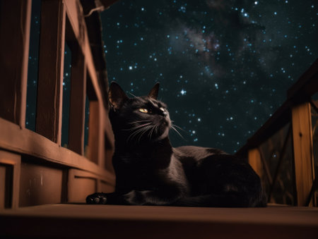 A black cat sitting on a porch looking up at the stars. AI generative image.の素材