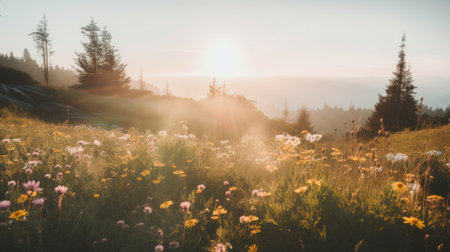 A field of wildflowers with the sun in the background. AI generative image.の素材