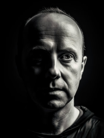 A black and white photo of a mans face. AI generative image.の素材