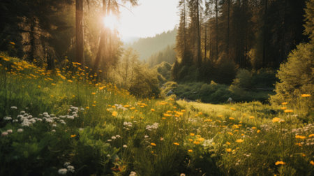 The sun shines through the trees in the forest. AI generative image.の素材
