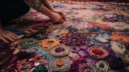 A person kneeling down on a colorful rug. AI generative image.の素材