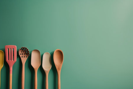 Five wooden spoons lined up against a green wall. AI generative image.の素材