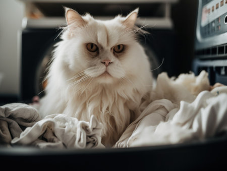 A white cat is sitting in a basket. AI generative image.の素材