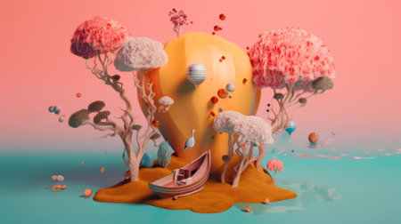 A yellow vase sitting on top of a sandy beach. AI generative image.の素材