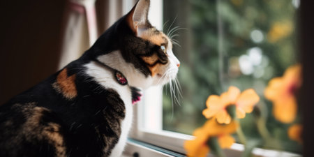A cat sitting on a window sill looking out the window. AI generative image.の素材