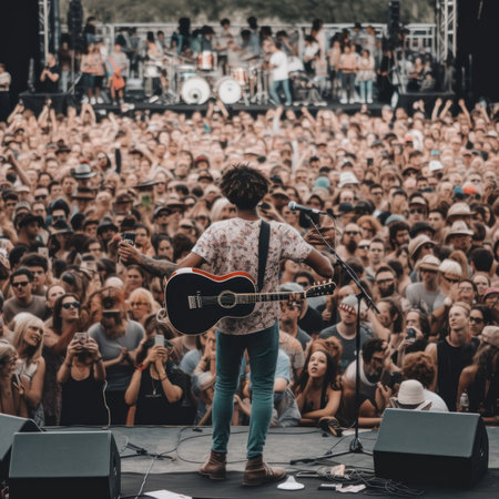 A man playing a guitar in front of a large crowd. AI generative image.の素材