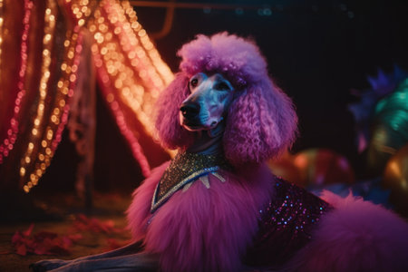A poodle wearing a pink wig sitting in front of a string of lights. AI generative image.の素材