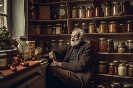 A man sitting in a kitchen next to a window. AI generative image.の素材