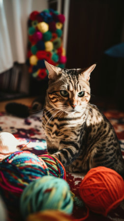 A cat sitting on the floor next to balls of yarn. AI generative image.の素材