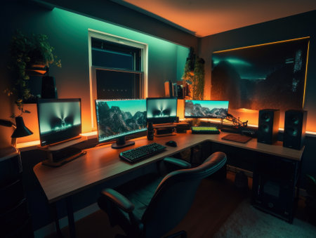 A computer desk with two monitors and a keyboard. AI generative image.の素材