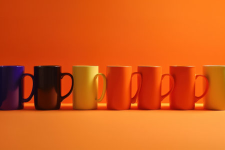A row of multicolored coffee mugs on an orange background. AI generative image.の素材