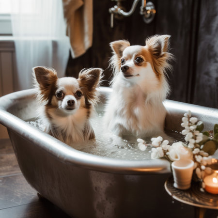 Two small dogs are sitting in a bathtub. AI generative image.の素材