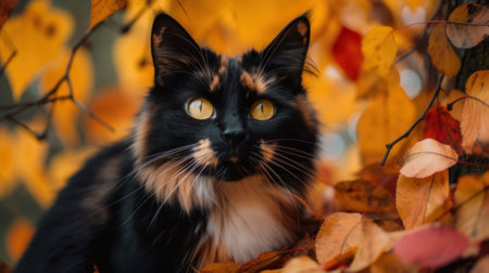 A black and white cat sitting in a pile of leaves. AI generative image.の素材