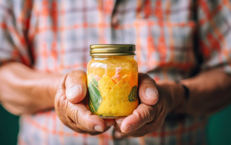A person holding a jar of food in their hands. AI generative image.の素材