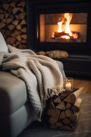 A blanket on a couch next to a fireplace. AI generative image.の素材