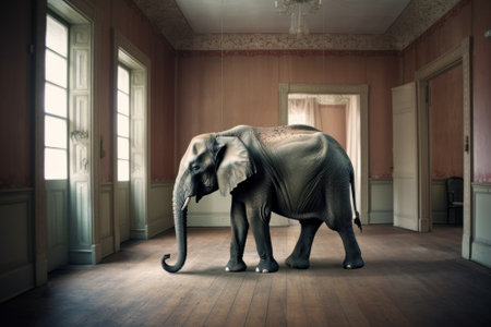 An elephant standing in a room with a chandelier. AI generative image.の素材