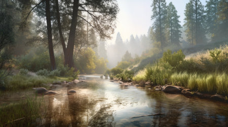 A river running through a lush green forest. AI generative image.の素材