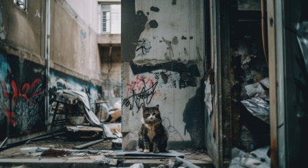 A cat is sitting in a run down building. AI generative image.の素材