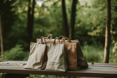 A group of bags sitting on top of a wooden table. AI generative image.の素材