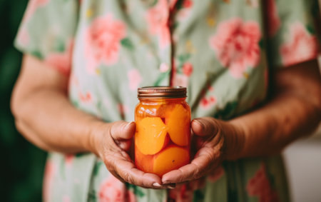 A woman holding a jar of oranges in her hands. AI generative image.の素材