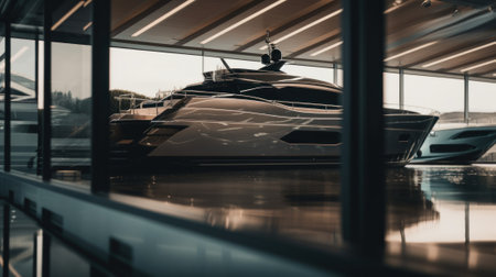 A boat is parked inside of a building. AI generative image.の素材