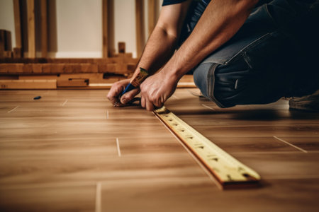 A man is measuring the width of a wooden floor. AI generative image.の素材