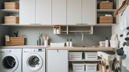 A laundry room with a washer and dryer. AI generative image.の素材