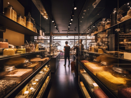 A woman is walking through a bakery filled with food. AI generative image.の素材