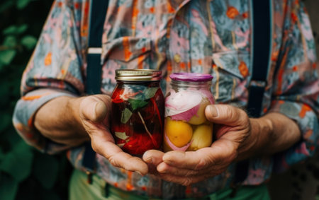 A person holding two jars of food in their hands. AI generative image.の素材