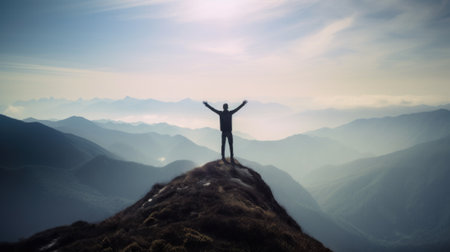 A person standing on top of a mountain. AI generative image.の素材