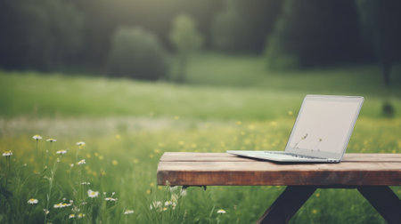 A laptop computer sitting on top of a wooden table. AI generative image.の素材