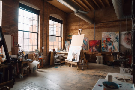 An artists studio with a large easel in the foreground. AI generative image.の素材
