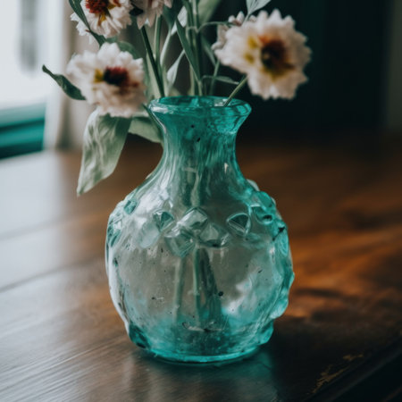 A glass vase with flowers in it on a table. AI generative image.の素材