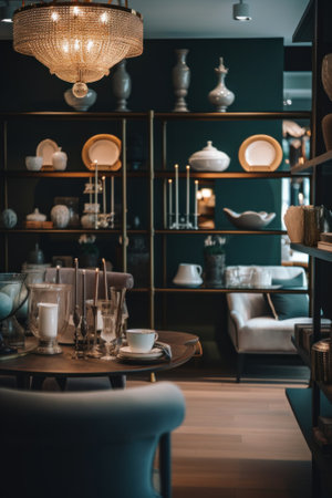 A room filled with furniture and a chandelier. AI generative image.の素材