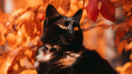 A black and white cat sitting under a tree. AI generative image.の素材