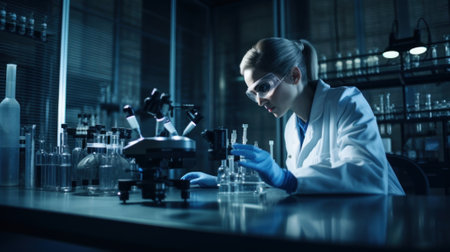 A woman in a lab coat working with a microscope. AI generative image.の素材