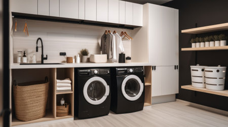 A washer and dryer sitting in a room. AI generative image.の素材