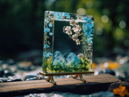 A picture frame with flowers and rocks in it. AI generative image.の素材