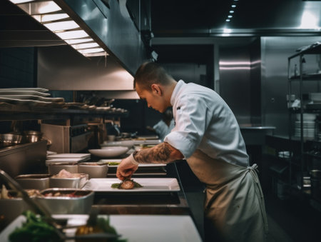 A man in a kitchen preparing food on a counter. AI generative image.の素材