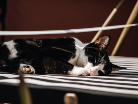 A black and white cat laying on top of a bed. AI generative image.の素材